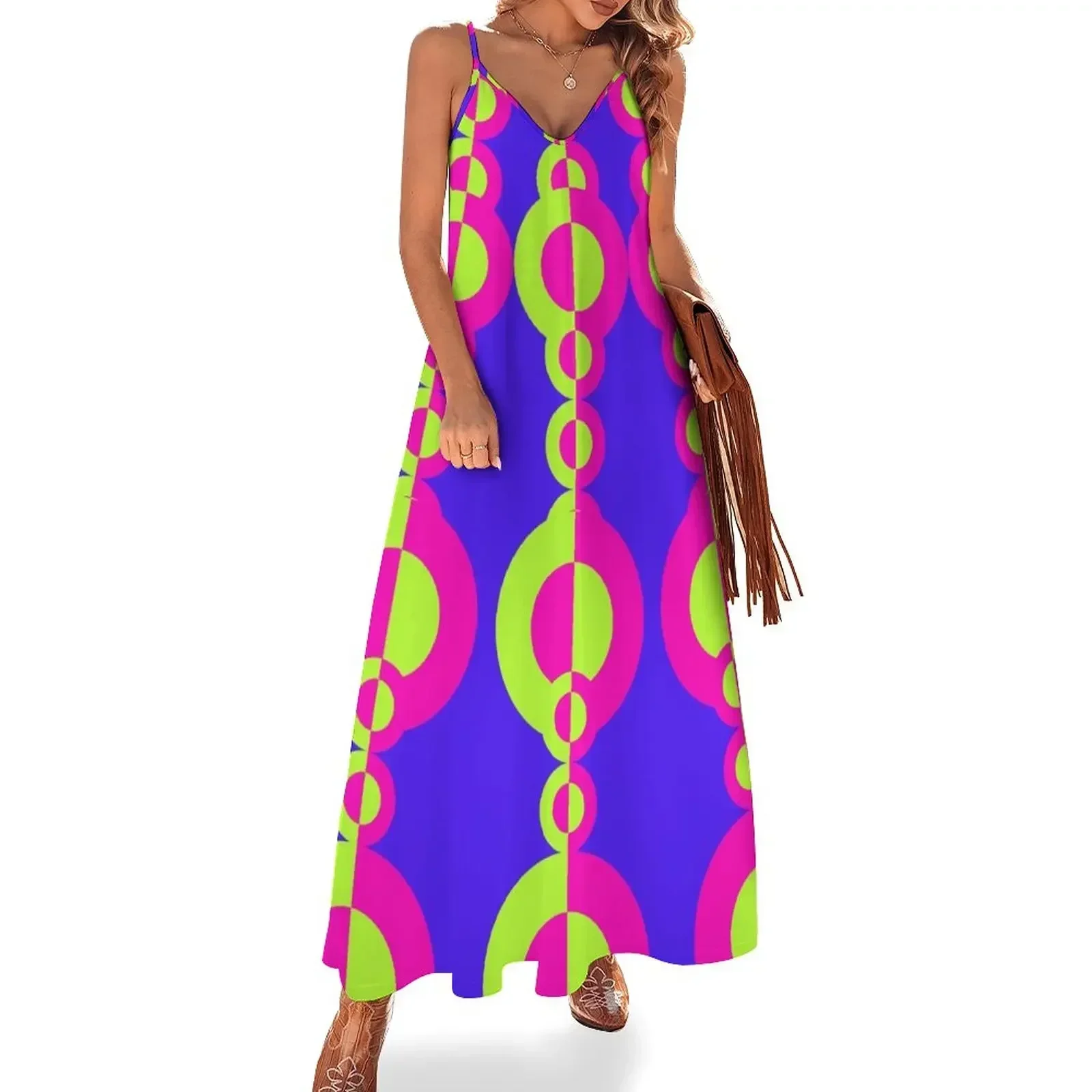 

Retro 1960's Disco Pattern Neon pink green purple Sleeveless Dress Woman fashion Long veiled dresses Dress