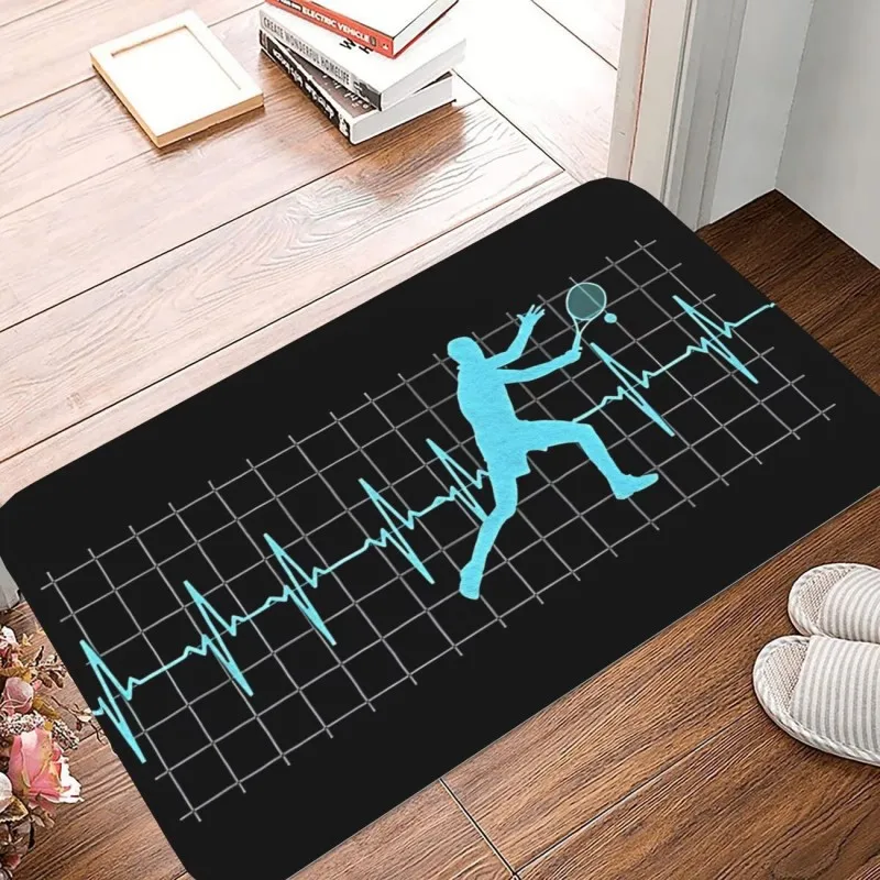 Tennis Heartbeat Print Doormat Maroon Background Tennis Racket Design Non Slip Floor Mat for Sports Fans
