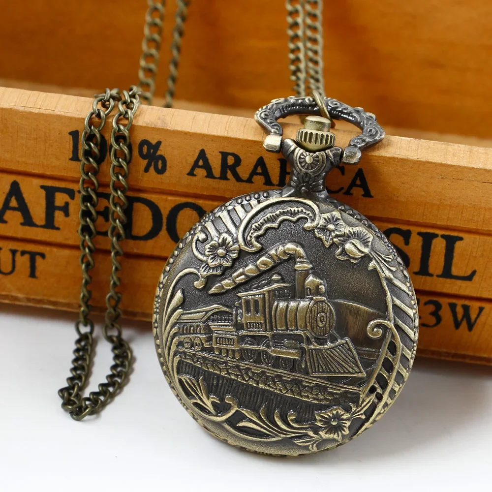 

Retro Bronze Train Engine Quartz Pocket Watch Women Necklace Chain Clock Best Gifts for Men