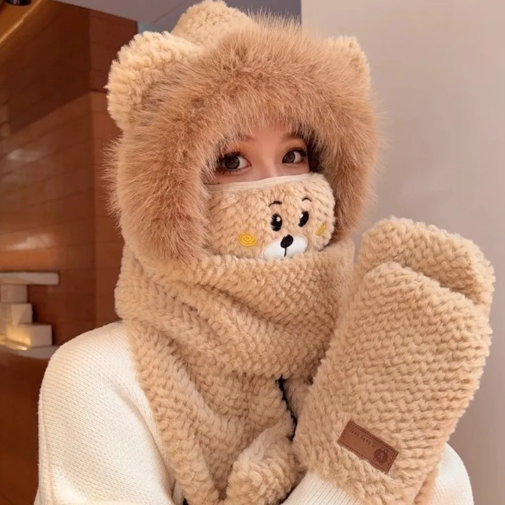 Warm Hooded Scarf Hat Windproof Thickened Warm Cap Anti-Freezing Integrated Neck Winter Hat Scarf Set for Cold Weather