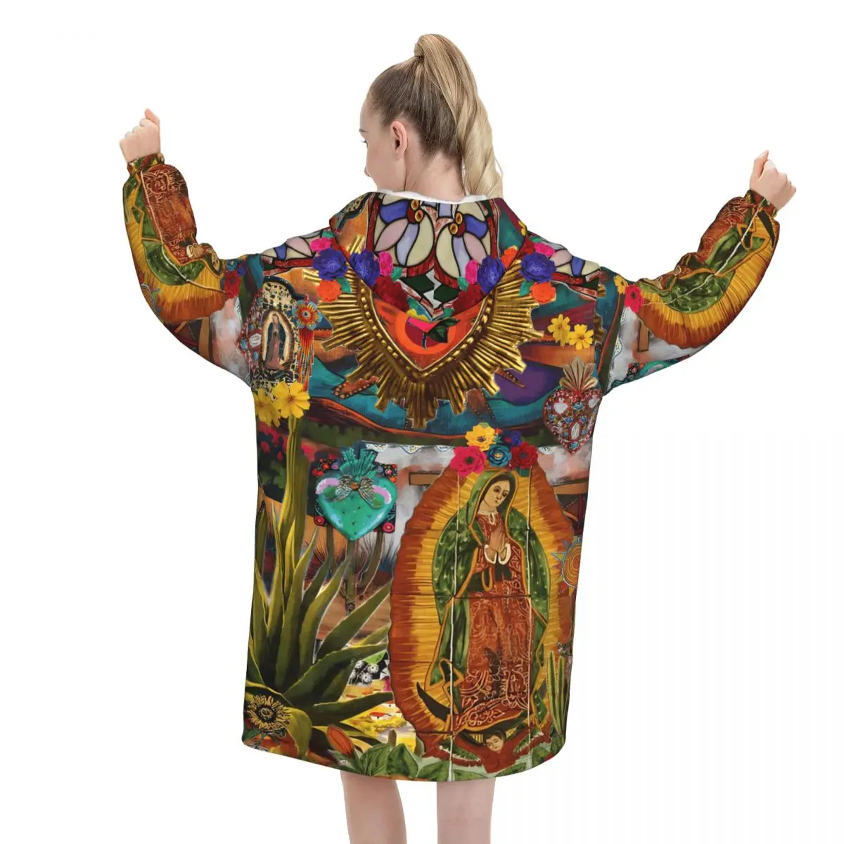 Virgin Our Lady Of Guadalupe Mexican Wearable Blanket Hoodie Warm Cozy Large Blanket Sweatshirt Thick Fleece Hooded Blanket - view 4