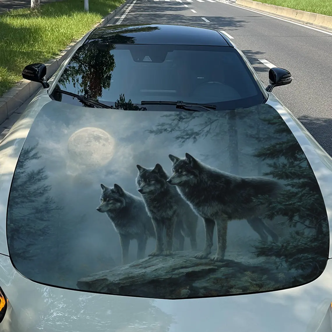 

Misty Wolf Pack Car Hood Vinyl Wraps, PVC Waterproof Car Bonnet Decals, Self-Adhesive Scratch-Resistant Stickers For Engine Cove