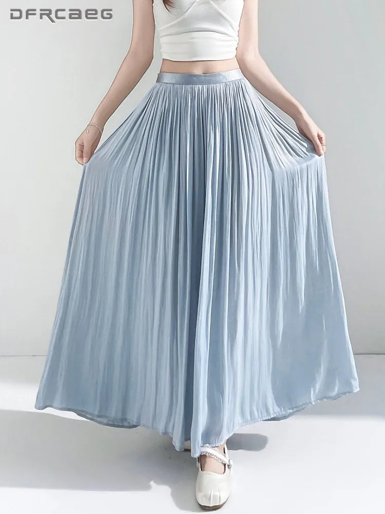 Early Fall Women Satin Pleated Skirt Elastic Waist Elegant Casual Loose Big Swing​ Long Skirts Lady