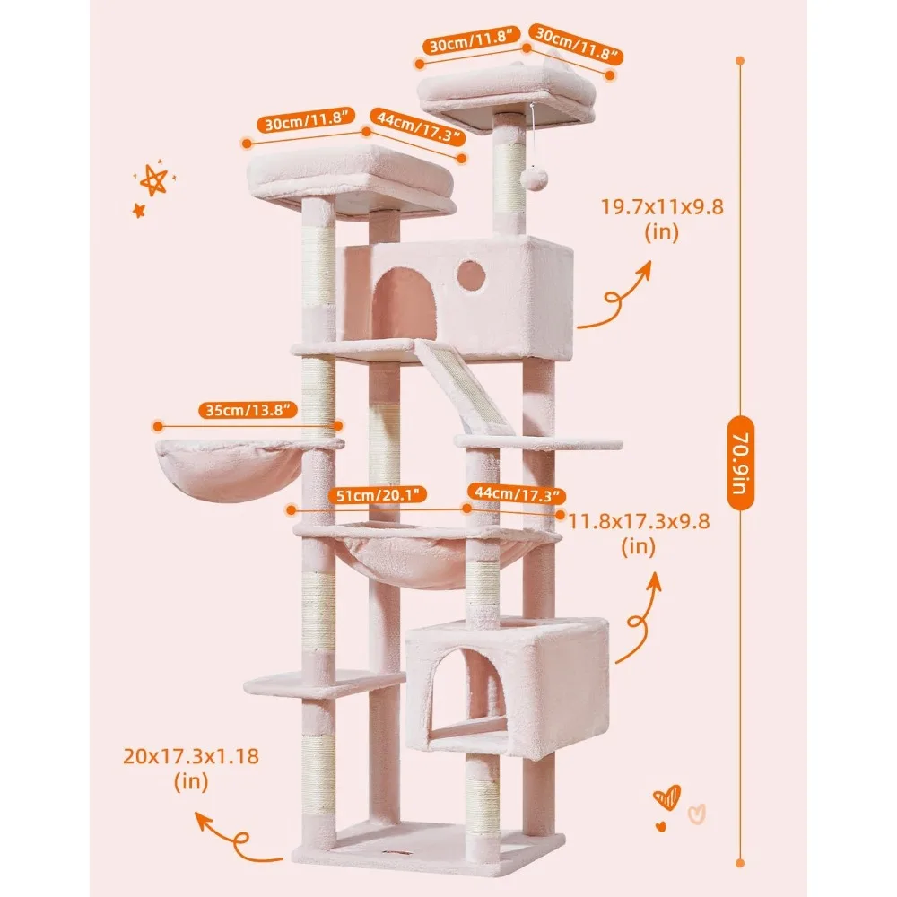 71-Inch Large Cat Tree for Large Cats, Plush Multi-Level Cat Condo with 8 Scratching Posts, 2 Perche