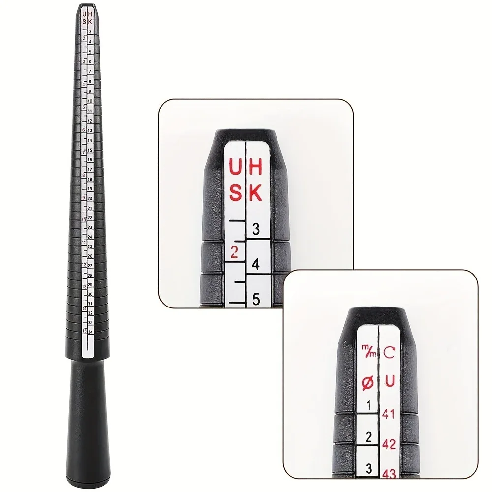 Adjustable Plastic Ring Sizer Gauge Kit Measure Finger Size Easily US 2-15/HK 3-34 Black Ring Stick & Measuring Circle Set
