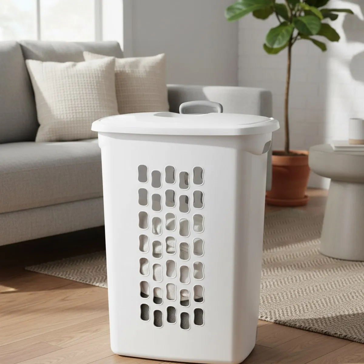 Large White Plastic Laundry Basket with Wheels and Lid Portable Clothes Storage Bin