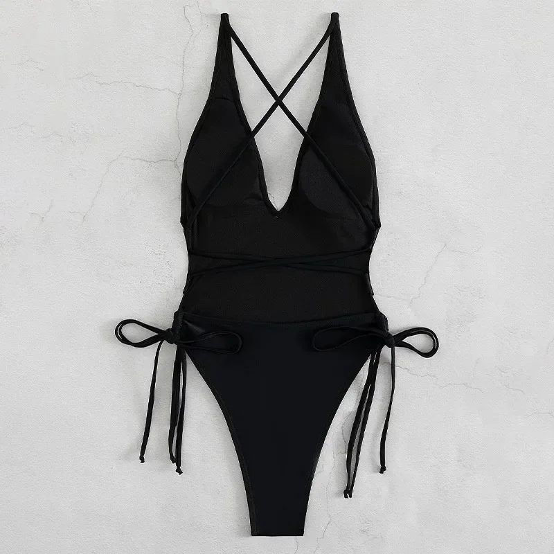 Sexy Deep V Neck One Piece Swimsuit Women Solid Yellow White Hollow Out Pleate Swimwear Beach Bandage Bathing Suit Monokini image 6