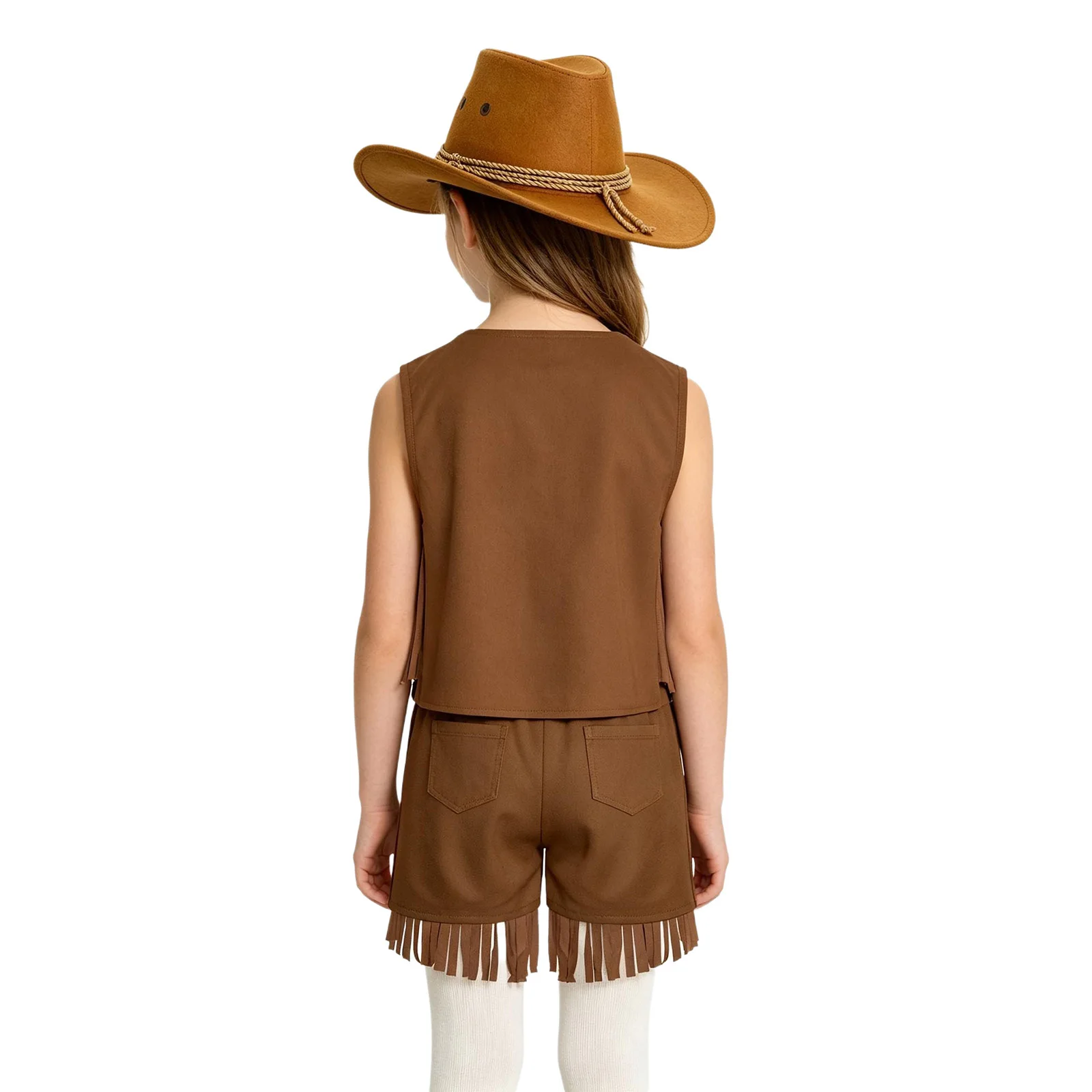 Kids Western Cowgirl Cowboy Cosplay Outfits Set Unisex Sleeveless Fringe Vest and Shorts with Hat Suit for Carnival Halloween view 2