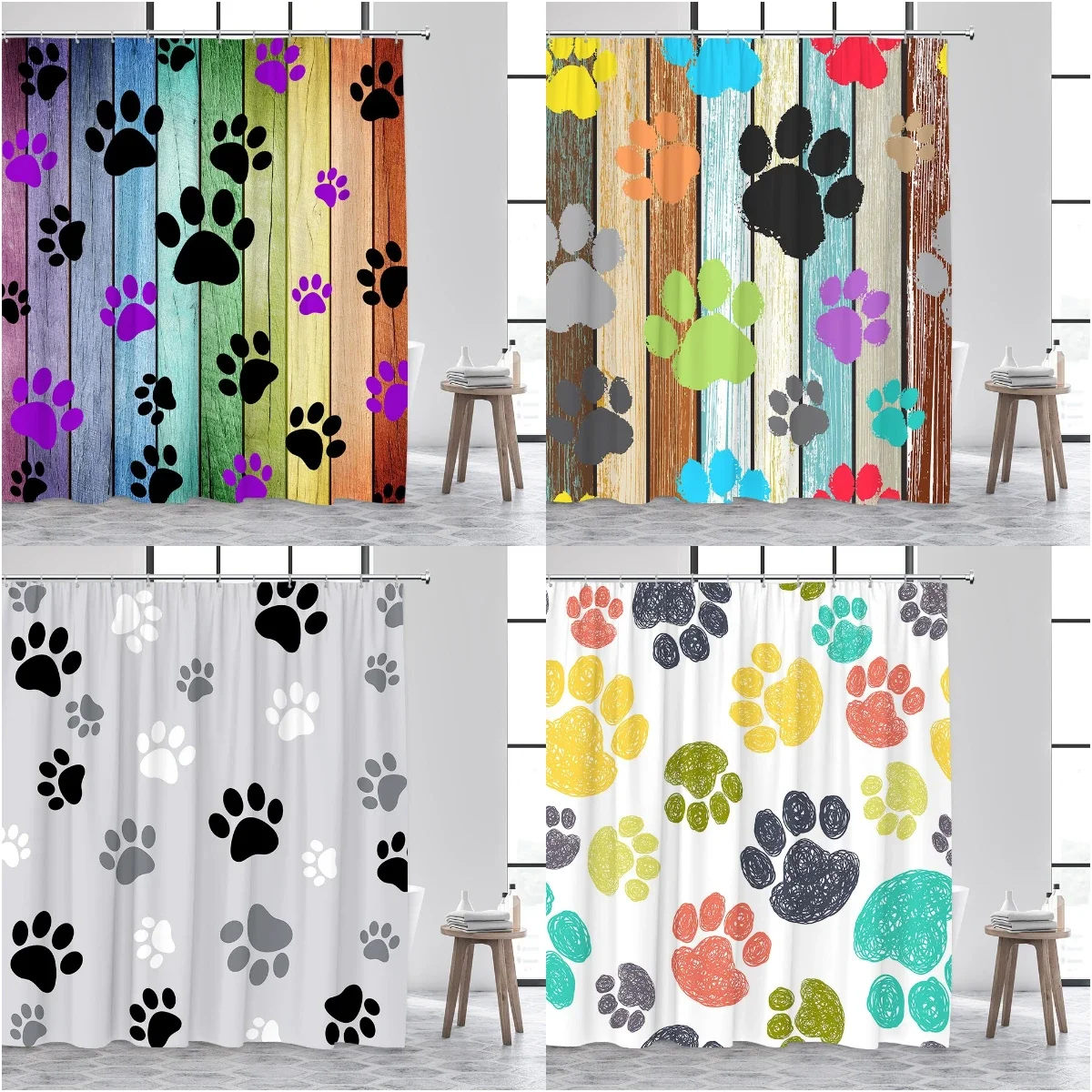 Cartoon Animal Shower Curtain Pet Paws Cute Cat Dog Bones Painted Watercolor Farm Planks Kid Polyester Fabric Bathroom Decor Set