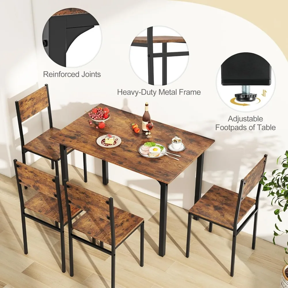Dining Table Set for 4, 5-Piece Kitchen Table Set with Dinner Table, Dining Chairs, Metal Frame, Space-Saving Dinette Se