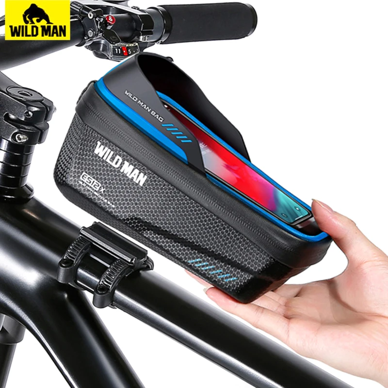 Wild Man Bicycle Bag Front Frame 1L Waterproof Cycling Front Tube Bag Phone Case Holder 6.8 Inch Touchscreen Bike Stem Bag