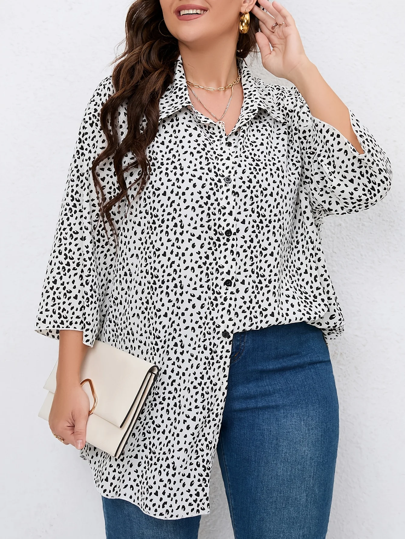 2024 Plus Size Casual Blouse Women\'s Plus Leopard Print Button Up Three quater Sleeve Turn Down Collar Blouse