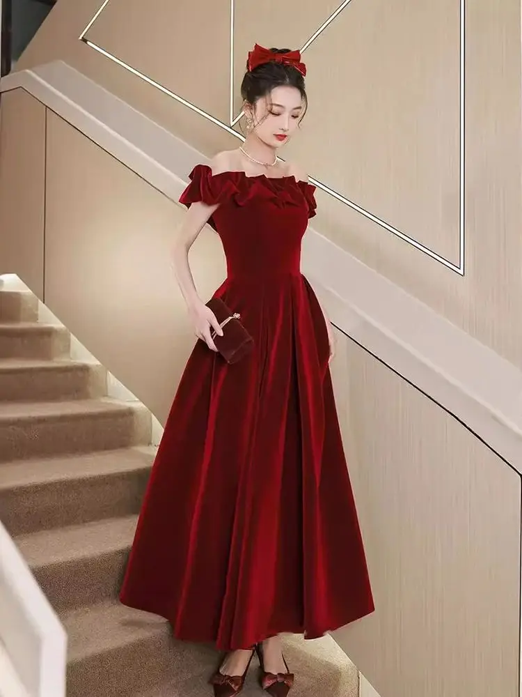 Wine red Women's Evening Dresses Elegant 2025 New Off Shoulder Prom Gown Quinceanera Dresses Graduation Female Party Vestodo