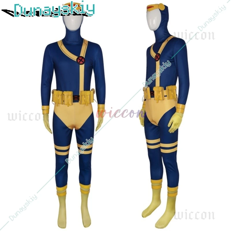 97 Cyclops Cosplay Costume Blue Jumpsuit Yellow Shoes Set Scott Summers Movie Costume Male Halloween Carnival Outfit Custom Made