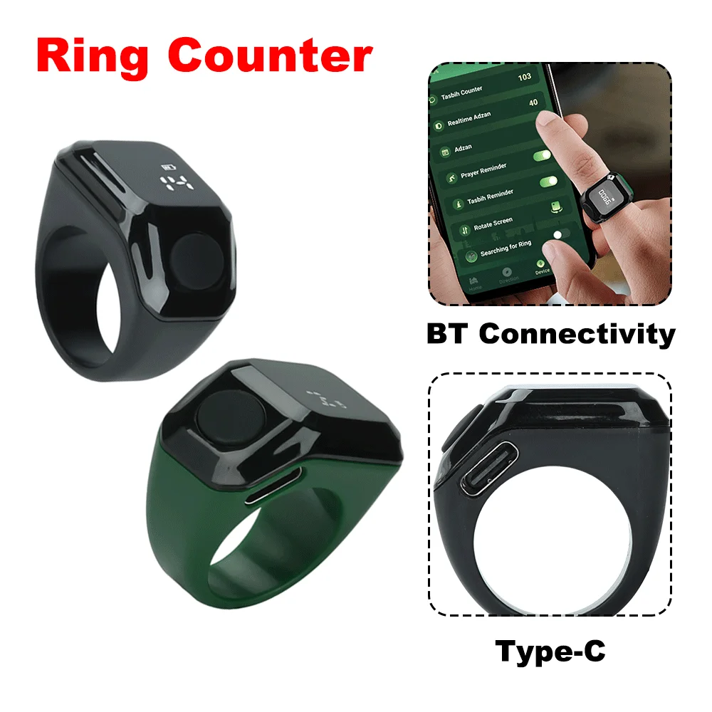 

Smart APP Ring Counter Bluetooth 5.1 OLED Display 4‑Digit Counting Ring Time Reminder Wearable for Prayer Sports