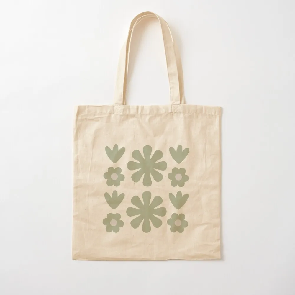 

Scandi Floral Grid Retro Flower Pattern in Sage and Beige Tote Bag handbag Customizable tote bag Canvas Tote Bag