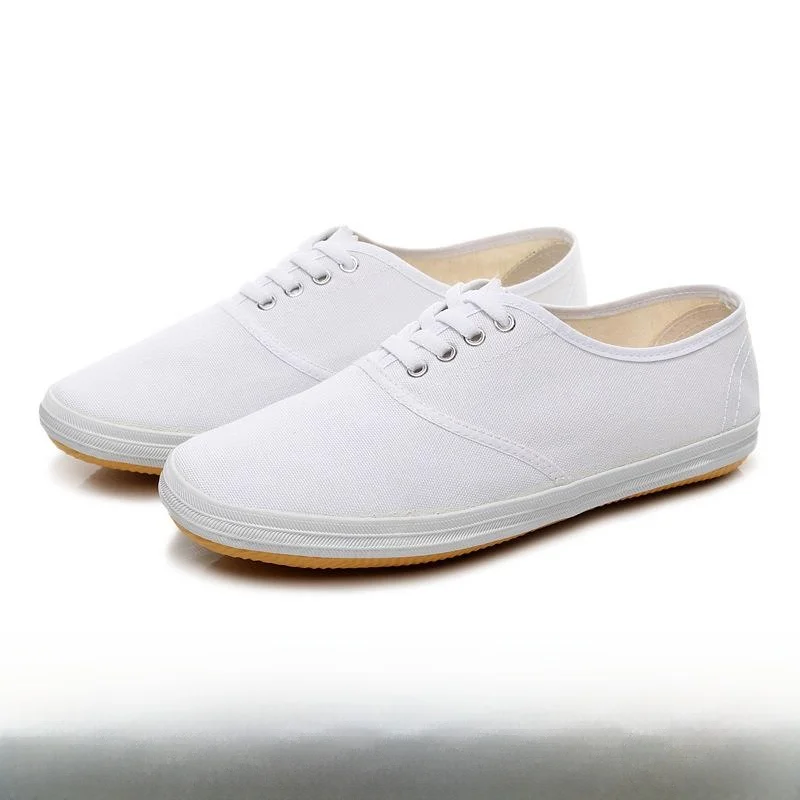 

ex White Canvas oes Dance Martial Arts Breathable Sports Sneakers School Gym Anti-slip Rubber Sole Low Cut Flat Heel