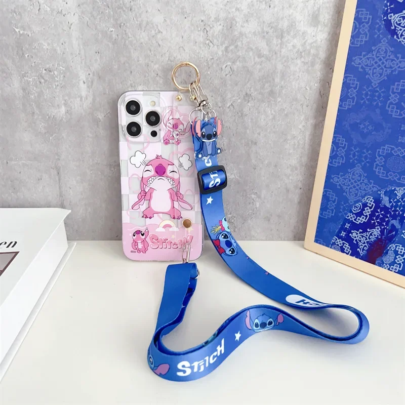 Cute Cartoon Stitch Couple Phone Case With Clear Strap Lanyard For iPhone 16 15 14 13 12 mini 11 Pro Max Plus Shockproof Cover