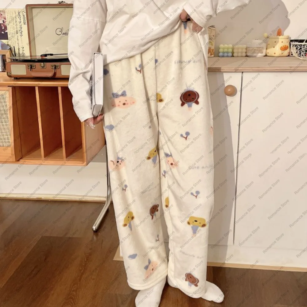 Autumn winter straight-leg casual comfortable pants for women blue cloud bear thermal pants cartoon flannel home sleeping pants