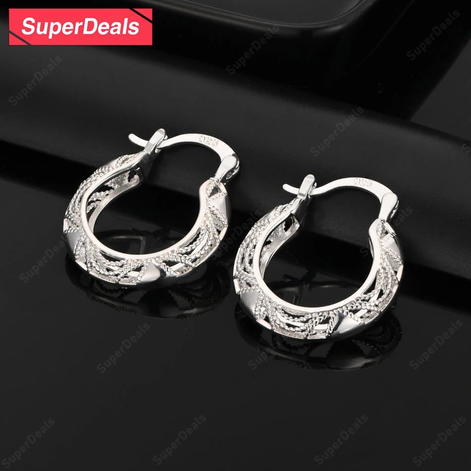

SuperDeals 925 Sterling Silver 30mm Hollow Pattern Hoop Earrings Women's Fine Jewelry Wedding Birthday Party Classic Pretty Gift