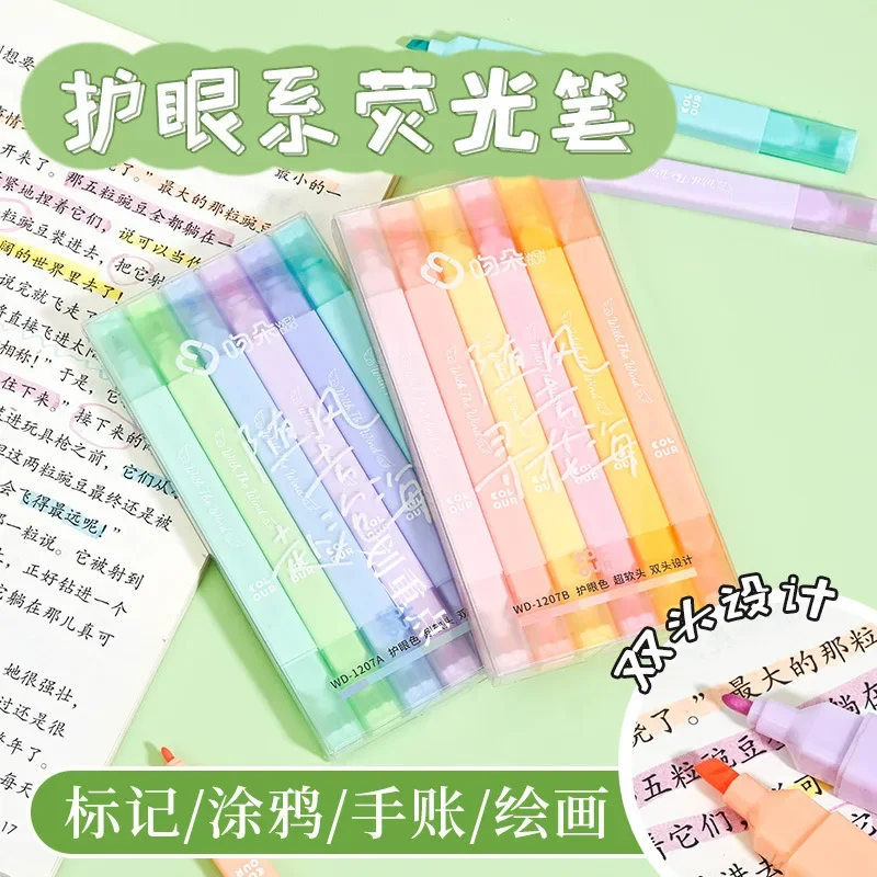 

6 Colors/box Double Headed Highlighter Pen light color Fluorescent Art Graffiti Drawing Marker Pens School Stationery Supplies