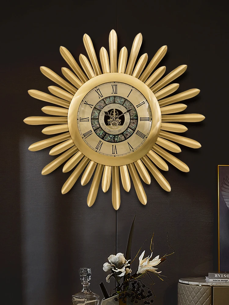 

Pure luxury brass clock wall clock living room home modern creative personality art fashion villa porch sun watch