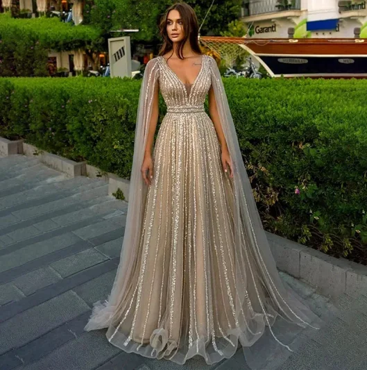 Eightree Green Tulle Sequined Long Evening Dresses Shiny V Neck Custom Formal Prom Dress Dubai Women Glitter Formal Party Gowns