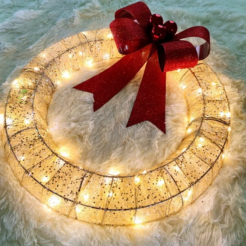 2023 Metal Luminous Door Wreath Christmas Garland with Big Bowknot Warm Lights Christmas Front Door Home Party Door Hanging