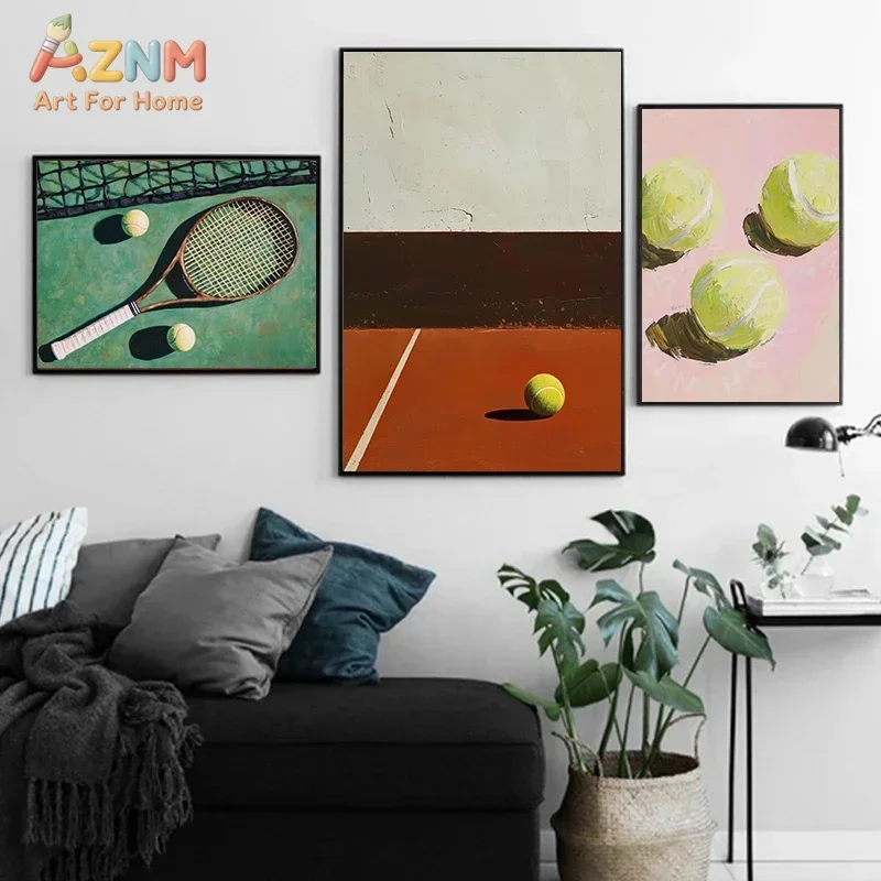 AZNM Tennis Sport Canvas Wall Art, Oil Painting Tennis Racket Ball Court Daisy Pastel Art Print, Unframed Canvas Painting for Sp