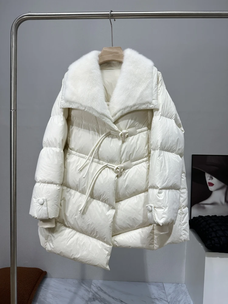 Casacos de ganso para mulheres, gola de pele de vison real natural, casaco grosso, outwear feminino, puffer jaquetas, inverno quente