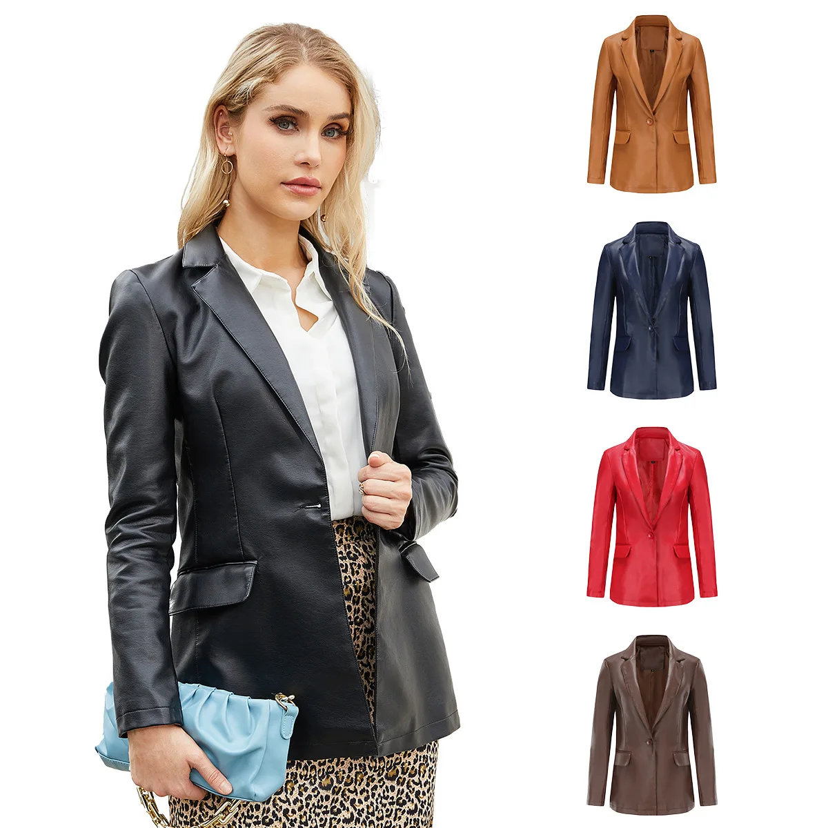 New Europe and the United States Women\'s Blazer long-sleeved jacket single button commuter casual pure color PU leather jackets