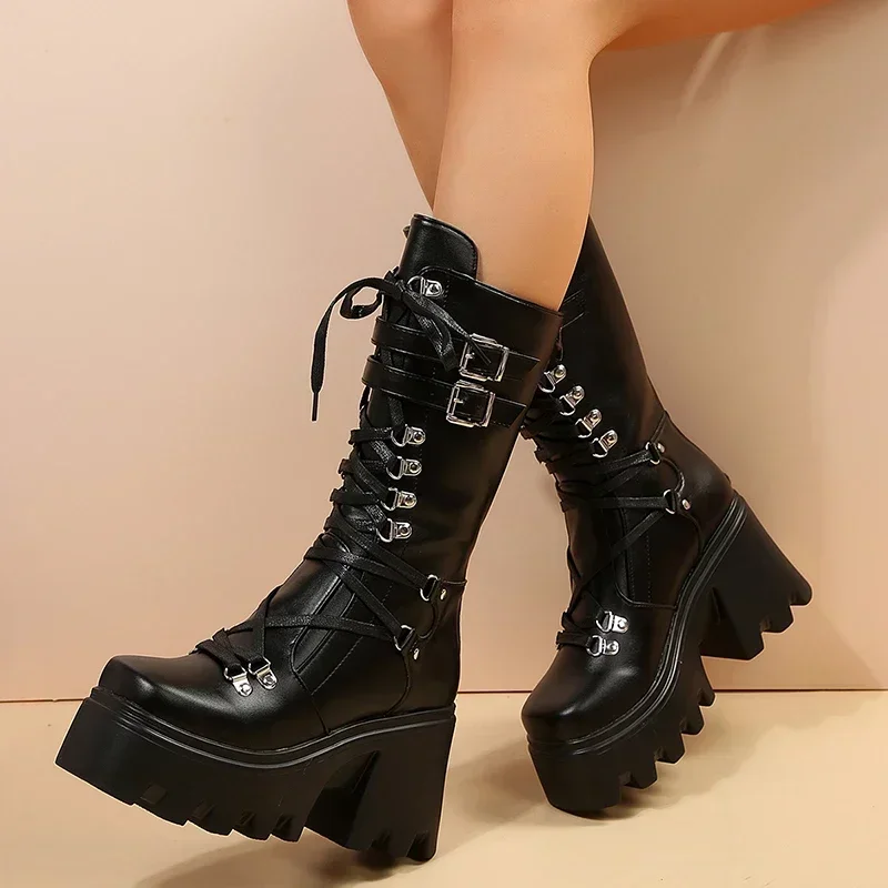 2024 New Punk Motorcycle Boots Women Patent Leather Wedges Platform Mid Calf Boots Woman Lace-Up Chunky Heel Gothic Botas Mujer