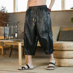 Summer Thin Pants Men's Ice Silk Dragon Dark Flower Retro Pants Fashion Loose Kung Fu Casual Calf-Lenght Trousers Men Streetwear