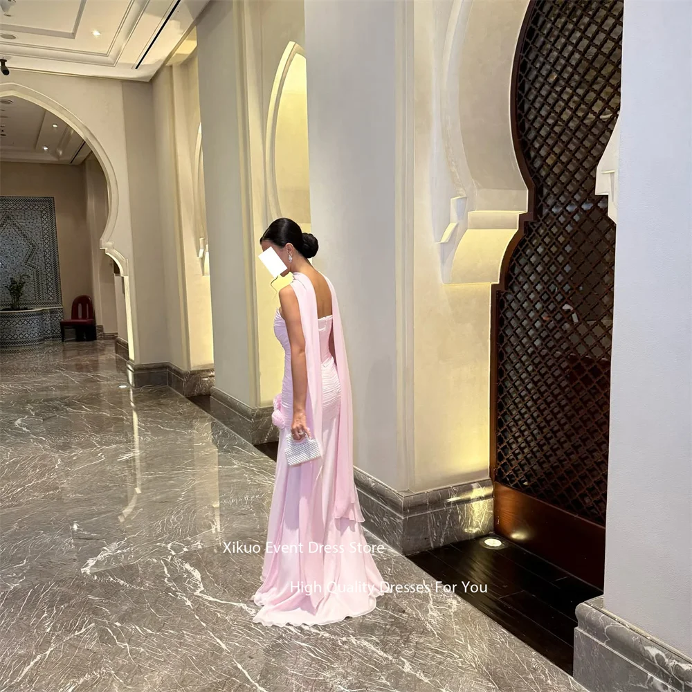 Xikuo Strapless Pink Chiffon Evening Dress 3D Flowers Ruched Prom Dresses Side Slit Straight Vestidos De Fiesta Mujer Customized