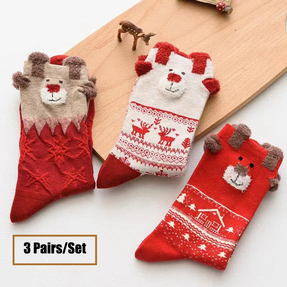 3 paires/ensemble femmes chaussettes de noël mignon père noël automne hiver wapiti femme mi-mollet chaussettes Festival Kawaii joyeux noël chaussette