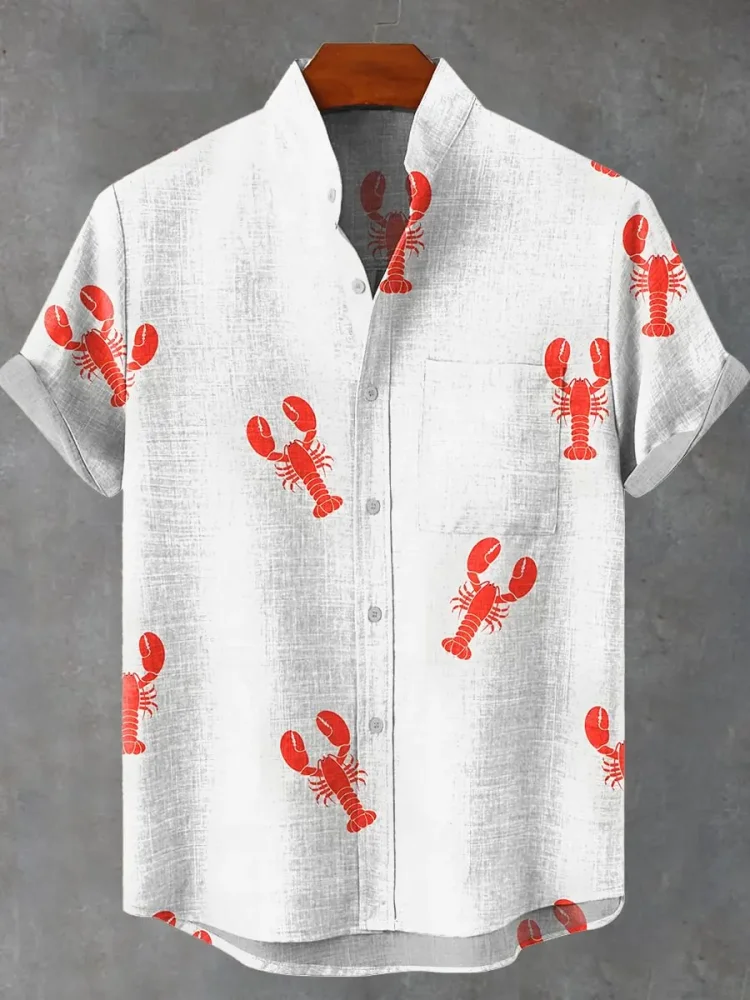 Herren-Hemd, Sommer, bequem, atmungsaktiv, modisch, Knopfleiste, lässig, Kunst, Hummermuster, bedruckt, Leinen, kurzärmelig, Herrenhemd