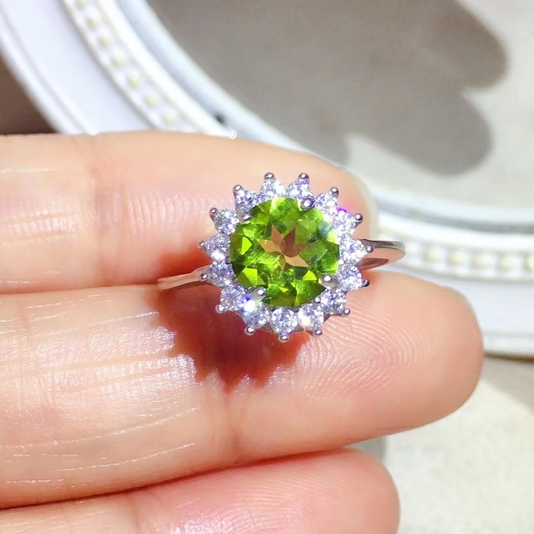 Classic 925 Silver Halo Ring 8mm 2ct Natural Peridot Ring Solid Sterling Silver Peridot Jewelry Gift for Woman