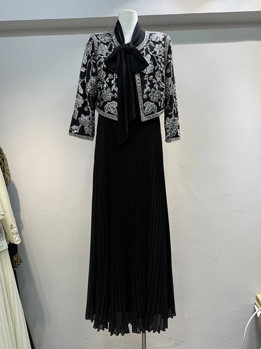 VGH หรูหรา 2 ชิ้นชุดผู้หญิง O คอสั้นเสื้อสเวตเตอร์ถัก Spliced เย็บปักถักร้อยผ้าพันคอ Maxi ชุด Office Lady ชุดหญิงใหม่