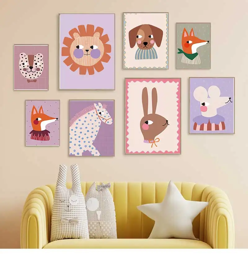 Cute Cat Fox Dog Horse Bunny Red Polka Dots Illustration Poster Canvas Painting Print for Kids Nursery Wall Home Decor Cuadro
