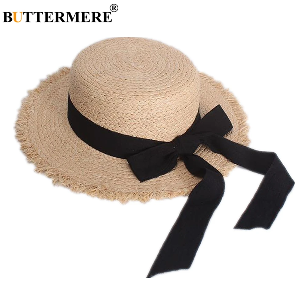 BUTTERMERE Raffia Sun Hat Women Korean Vintage Flat-top Cap Bowtie Summer Ladies Hat Holiday Casual Uv Protection Wide Brim Hat