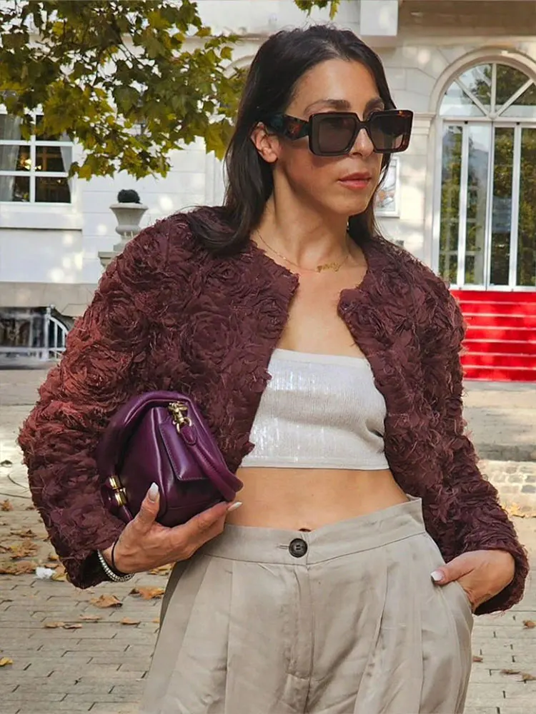 HH Women Fashion Flower Extured Cropped Jacket O Neck Long Sleeve Cardigan Coats Lady High Street Outerwear Chic Tops