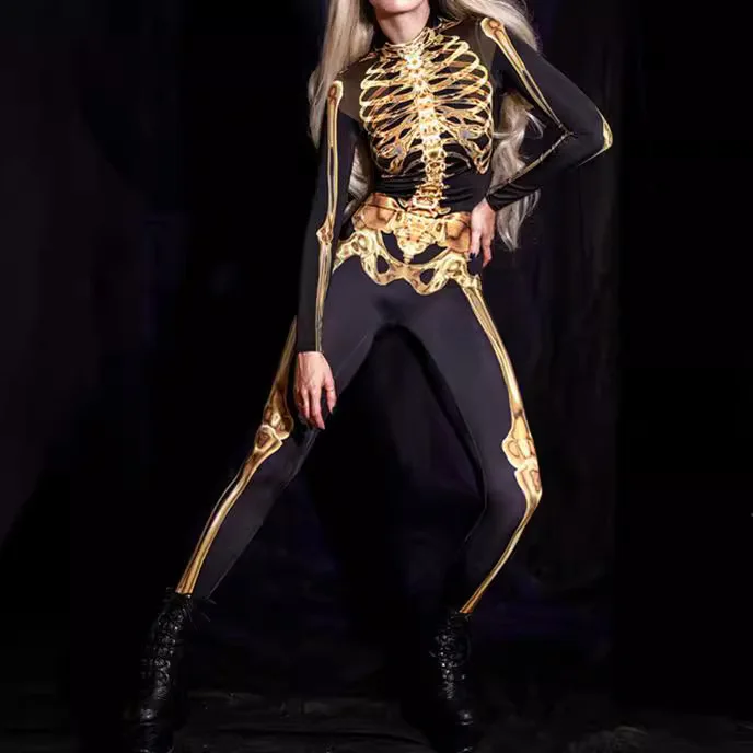 

Human Skeleton Skull Zentai Suit Halloween Couple Jumpsuits Cosplay Bodysuits Unisex For Carnival Party Nightclub Robot Costume