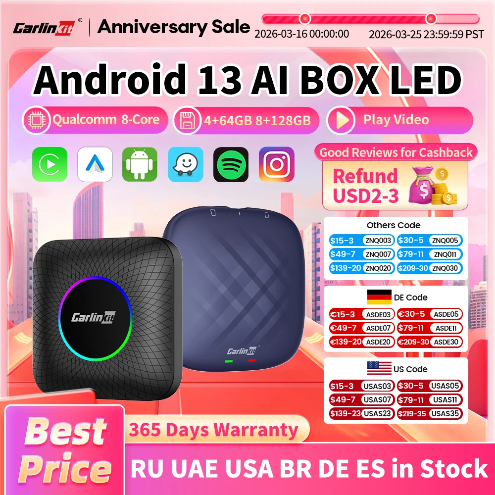 

2026 CarlinKit CarPlay AI Box Android 13.0 SM6225 8-Cores Android Auto Wireless CarPlay Adapter 2.4+5GGPS 64G 128G FOTA Upgrade