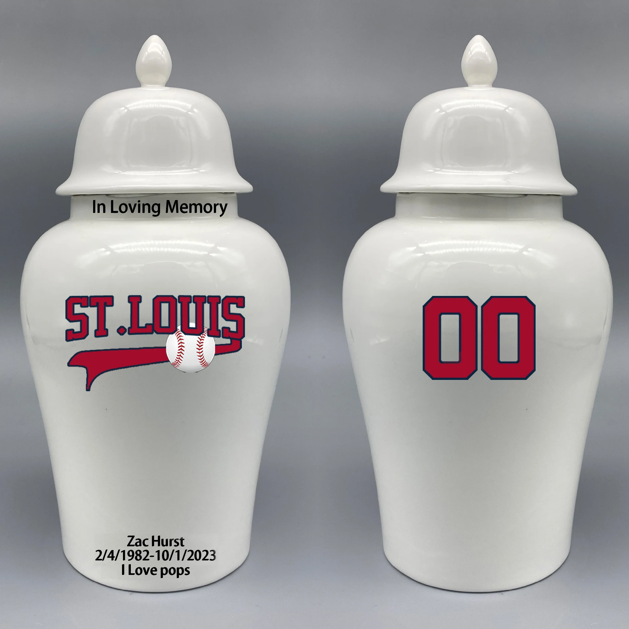 

Large Urn for St-Loui-Cardinals-themed Logo Urn.Please send me the customize information-name/date and number on the urn