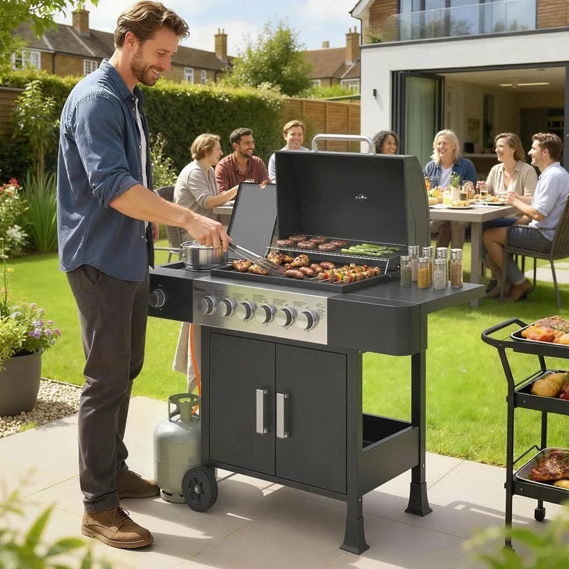 Barbecue à gaz en acier inoxydable 17,8 kW avec 6+1 brûleurs, chariot à roulettes, brûleur latéral, thermomètre, grille émaillée – Équipement de cuisson extérieur pour jardin, patio, pique-nique – Cadeau idéal pour les amateurs de grillades