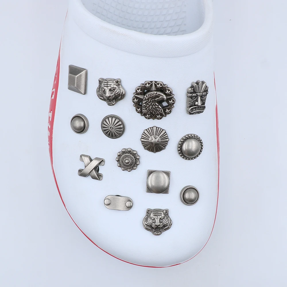 1 Set 12 Styles Shoe Decoration Round Square Pins Metal Ornament Tiger Eagle Slipper Shoe Accessories Charm Holiday Gift