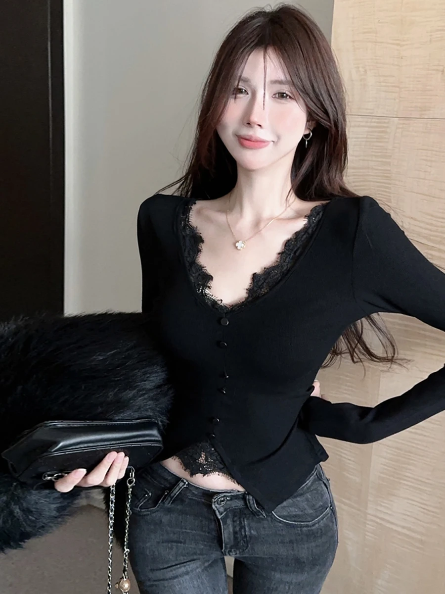Casual Sexy Lace V-neck Splice Long Sleeve Knitted Top Slimming Women's T-shirt Spring Autumn Season Pure Color Universal Fit