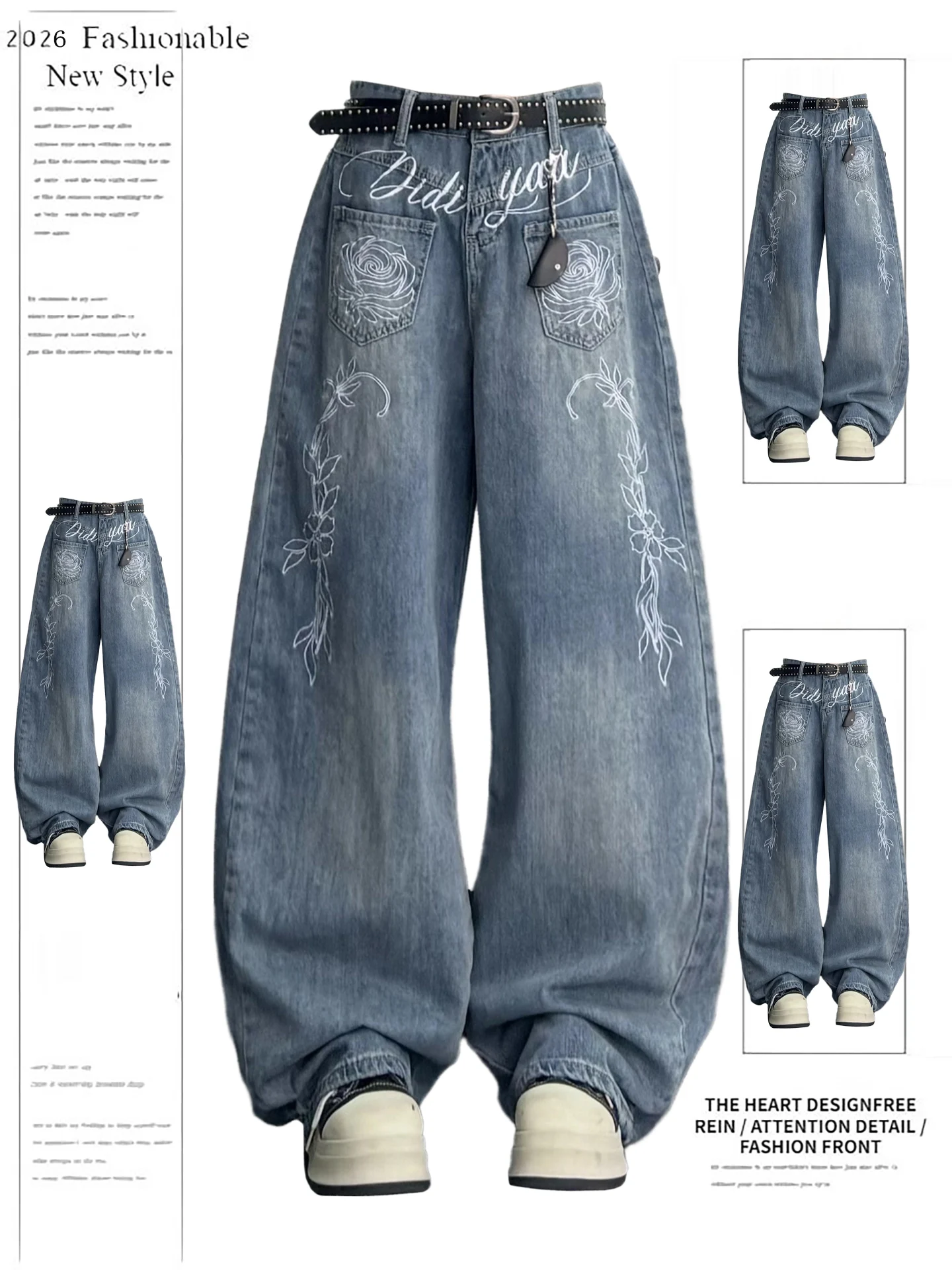 

American Retro Printed Jeans Women's Spring New Loose Straight Leg Wide Leg Pants Floor Length Pants Knife Pants