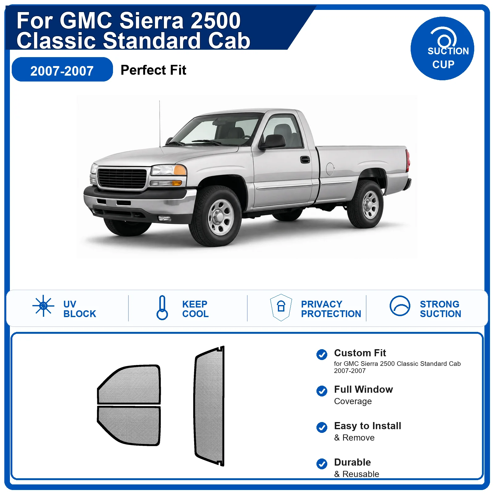 For GMC Sierra 2500 Classic Standard Cab 2007-2007 Custom Full Set Windshield Sun Shade Aluminum Foil Heat Insulation Anti UV Fo