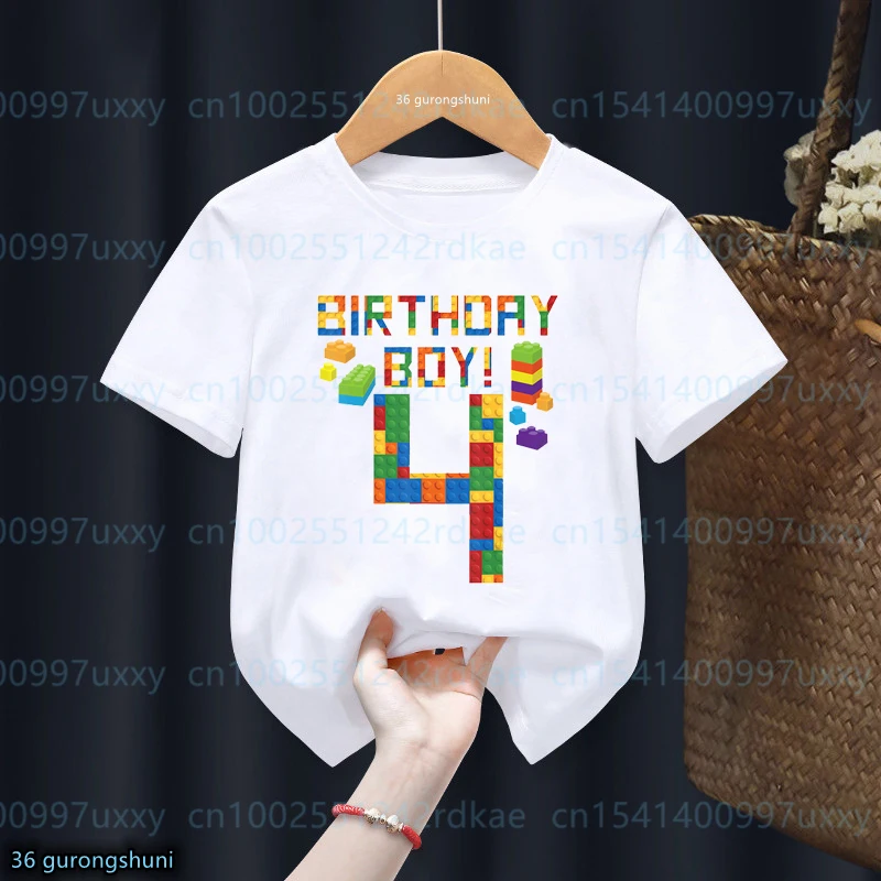 2023 novas crianças 4-9th aniversário mestre construtor bloco edifício meninos tshirt festa de aniversário vestido bonito crianças camisa meninos topos